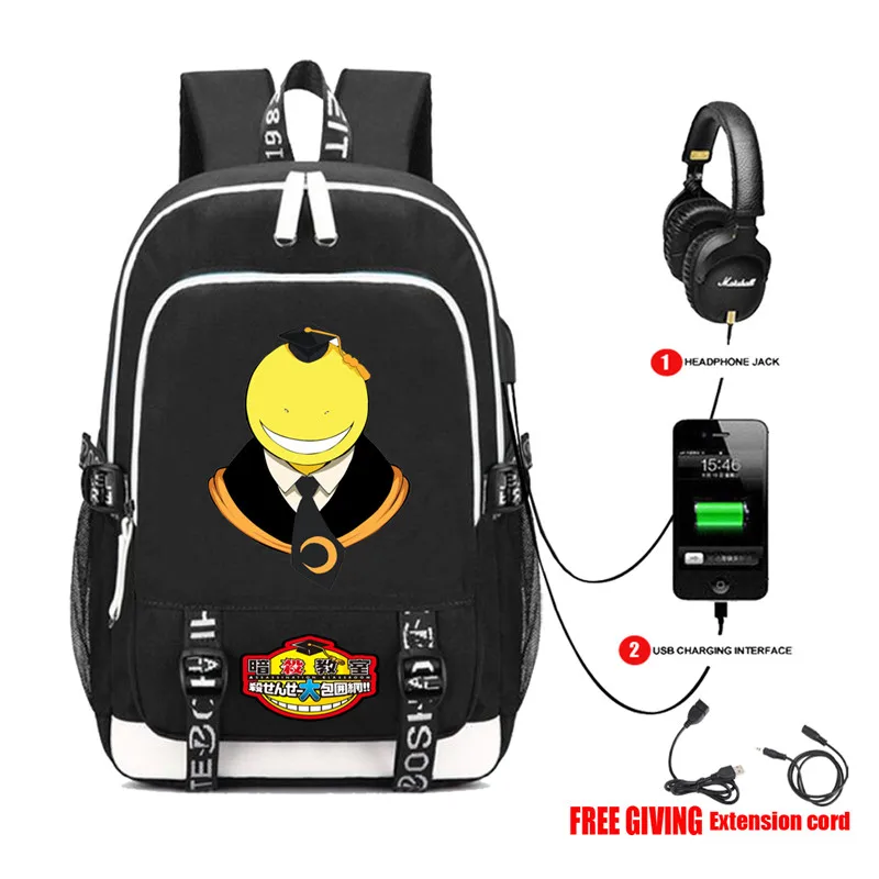 

Assassination Classroom Book bag Rucksack Student School Bag For Boys Girls Travel Backpack USB Port Mochila Black Backpack