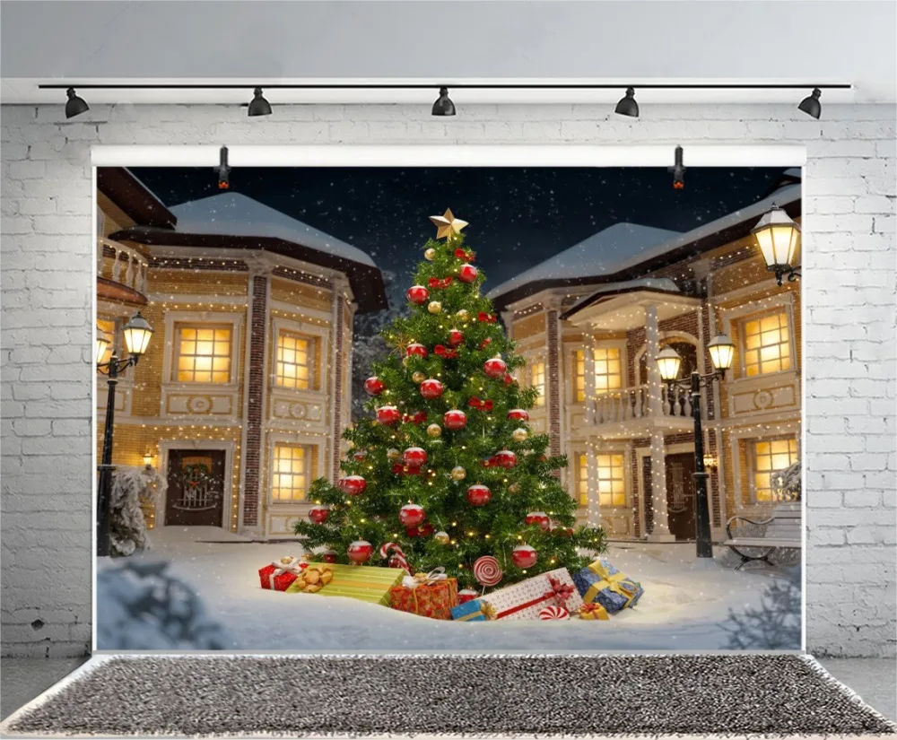 Laeacco City House Yard Рождественская елка снежные Сумерки фоны для фотосъемки