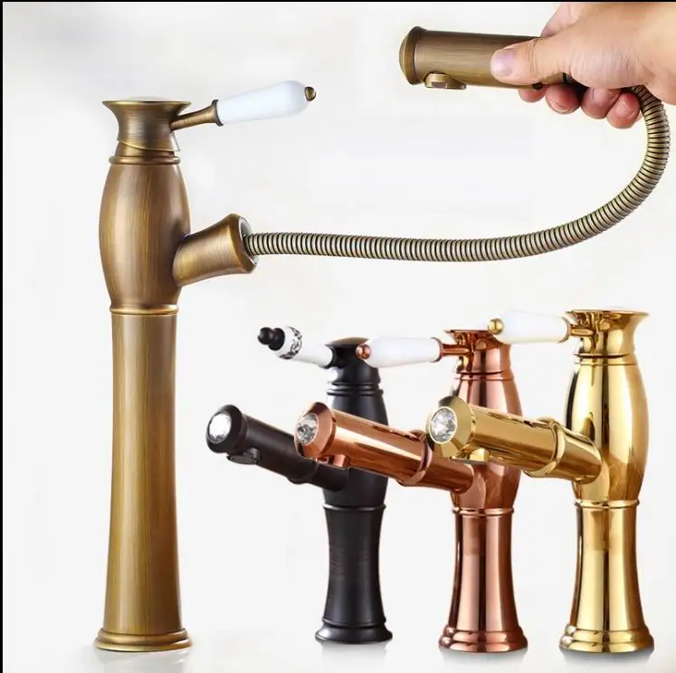 

Free Shipping Classic Pull out down Spout Spray head Antique brass bathroom basin Vessel Sink Faucet Water Tap Basin faucet