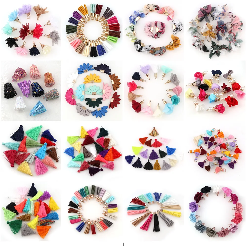

50/100pcs mixed Types Tassel Findings Flower Silk Polyester Charms Pendant Drop Earrings Tassel for Jewelry DIY Graft Making
