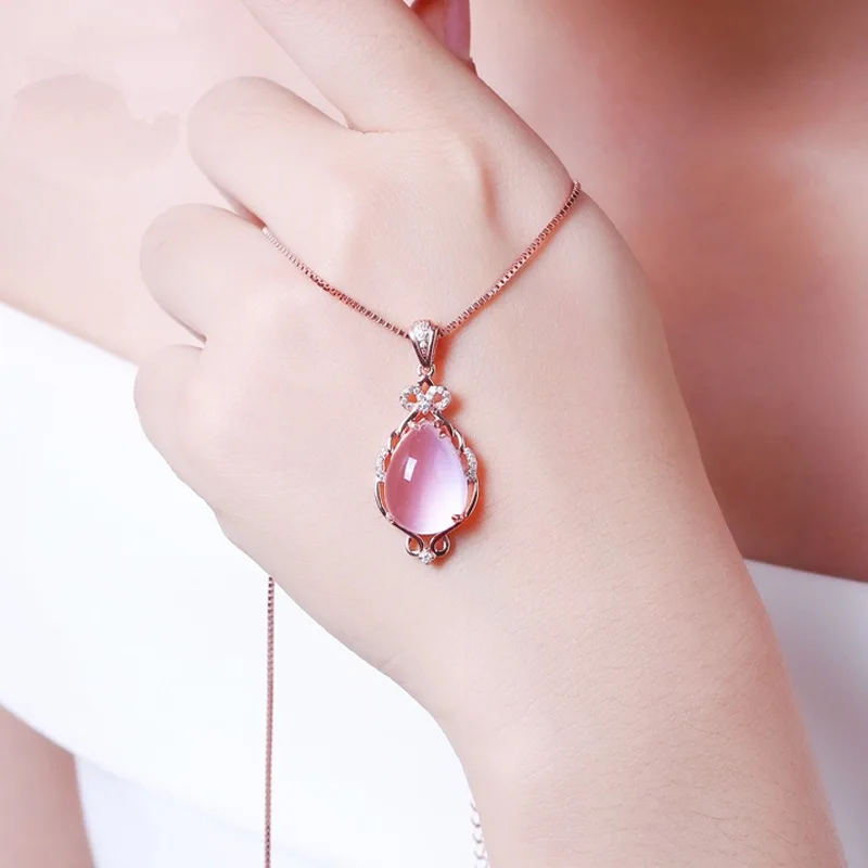 OMHXZJ Wholesale European Fashion Woman Girl Party Gift Rose Quartz AAA Zircon S925 Sterling Silver Necklace Pendant Charm CA151 | Украшения