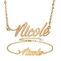 fashion stainless steel name necklace bracelet set nicole script letter gold choker chain necklace pendant nameplate gift