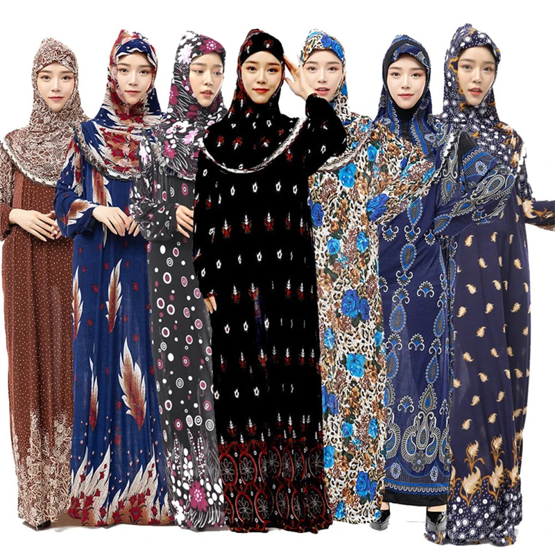Мусульманское платье(12 шт./лот), новинка, Женский кафтан abaya, Дубай, Турция, с принтом, два предмета, хиджаб, платье, мусульманская молитва, марокканская одежда - Цвет: Random Colors