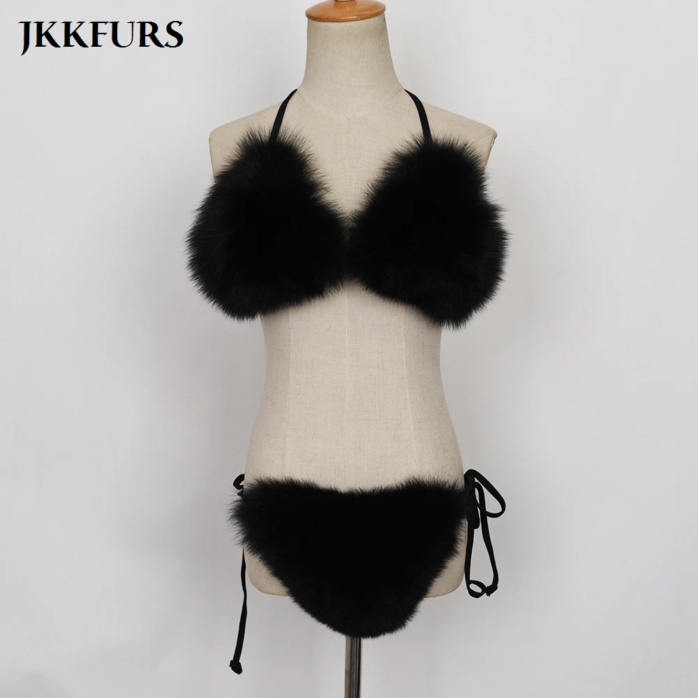 2019 новые модные женские бикини с натуральным лисьим мехом бюстгальтер летнее