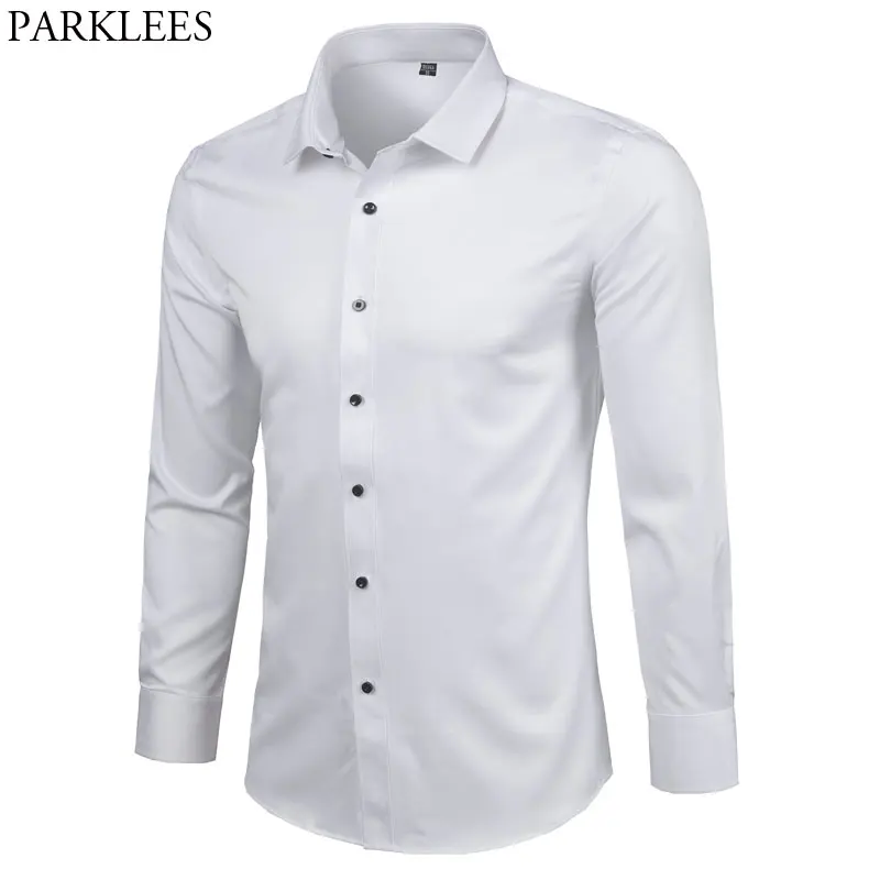 

White Men's Bamboo Fiber Dress Shirts Slim Fit Long Sleeve Shirt Man Chemise Formal Office Wear Elastic Shirt For Business Men