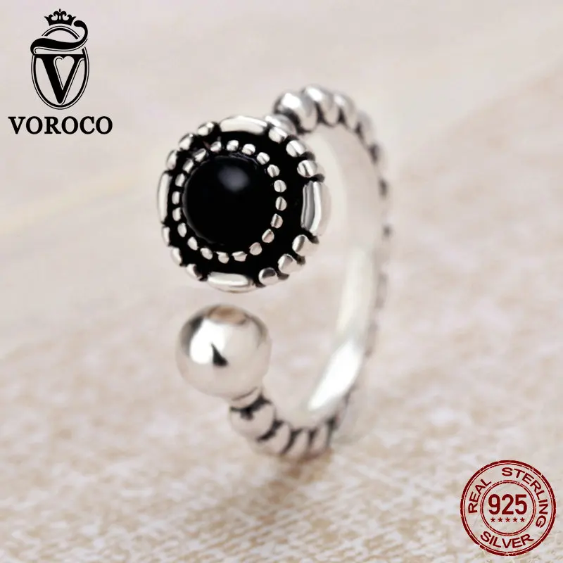 VOROCO 100% Подлинная Стерлингового Серебра 925 Черный Агат Кольцо Регулируемый Палец