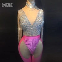 deep v sparkle rhinestone stitching rose pink jumpsuit bar birthday party concert singer and dancer costumes