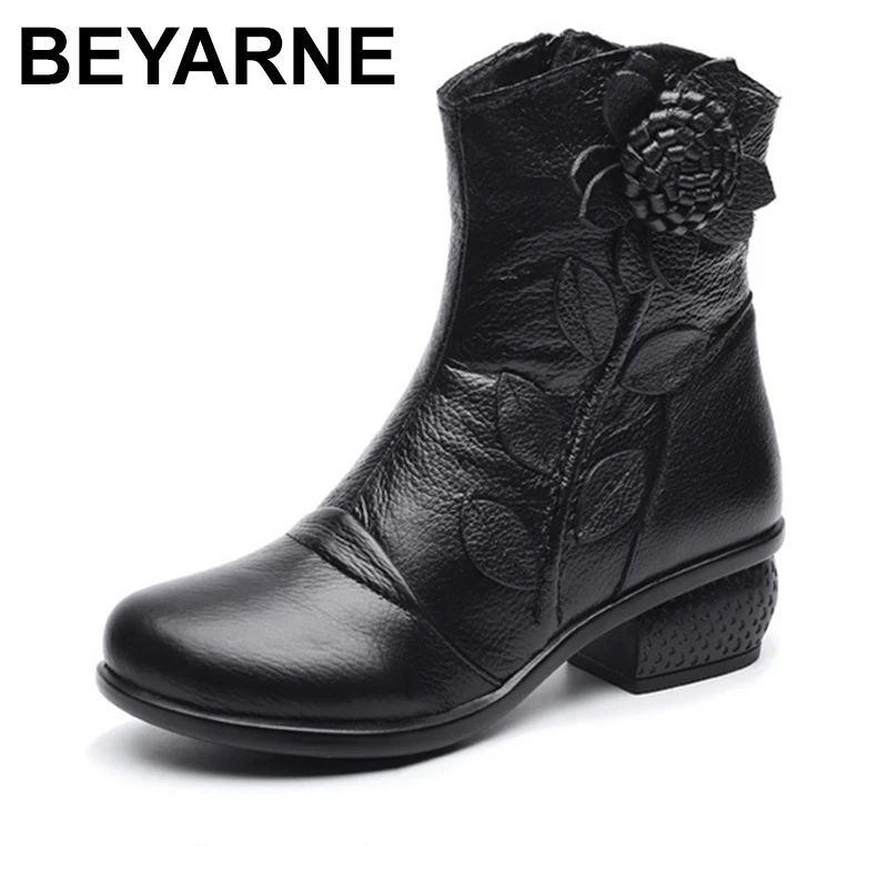 BEYARNE-Botas Retro hechas a mano para Mujer, Botines de piel auténtica, zapatos de otoño e invierno