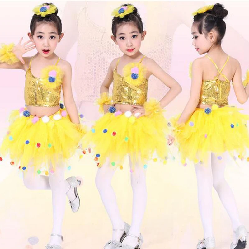 Kids Sequined Hip Hop Ballet dancewear costumes Girls Ballroom Party Tops+Skirt Jazz dance tutu dress performance dancing | Тематическая