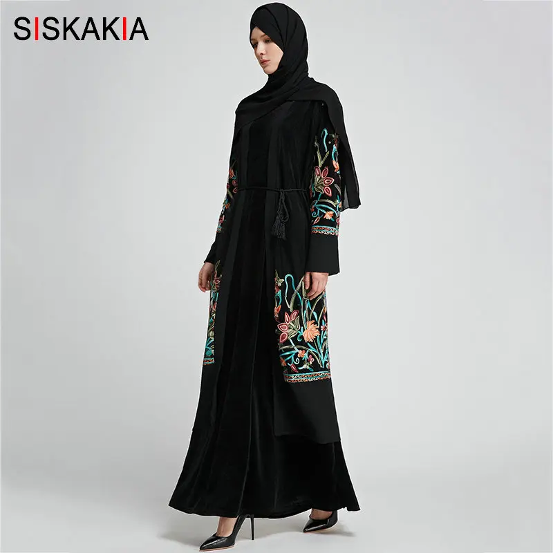 Siskakia мусульманский кардиган для улицы, халаты с кисточкой, пояс, модная черная сетка, Цветочная вышивка, Женская абайя, до середины икры, Дубай, арабский, Новинка