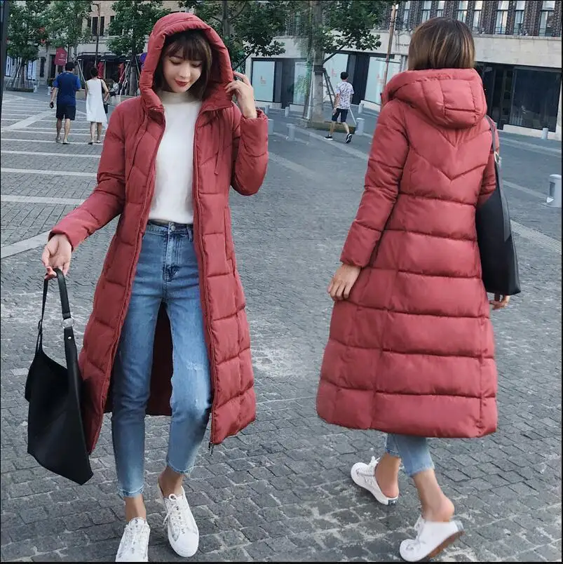 dark Red Fashion Down Long Red White Black Hoodie Parkas Warm Jackets Thick Female Coat Christmas Autumn Winter Women Plus Size Jacket - Цвет: dark Red