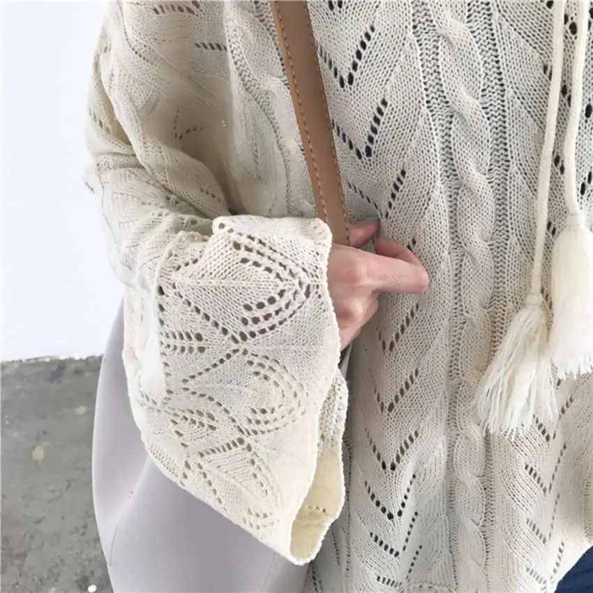 Осень полые вязать тонкий свитер женский с длинным Расклешенным рукавом