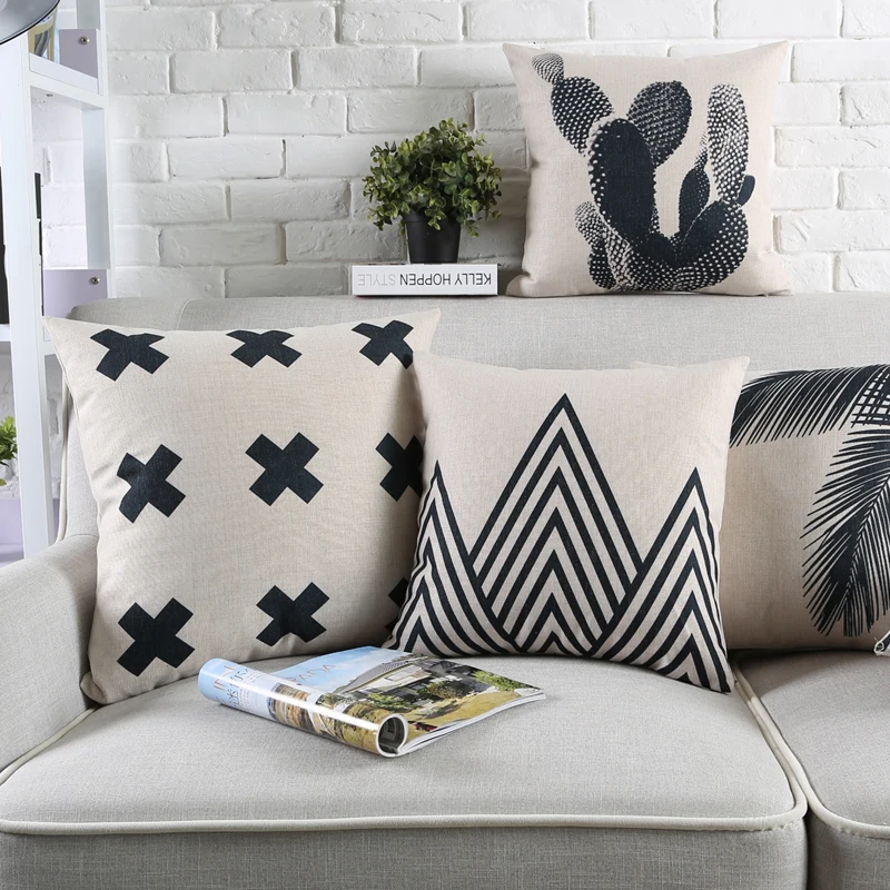 Оптовая продажа льняная наволочка черно белая зебра тропический лист Подушка с