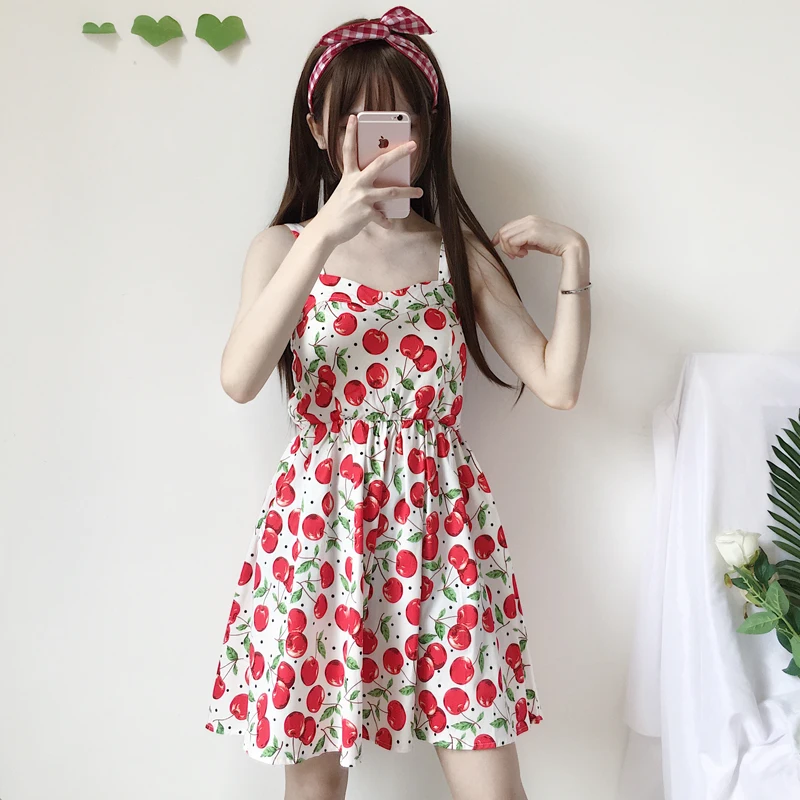 Летнее милое платье без бретелек для женщин рукавов с вишенками девочек