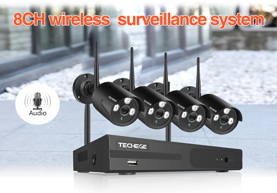 Techege 8CH 1080P HD Wifi NVR Kit Audio Record CCTV Camera System 2MP Waterproof Wireless Security Camera System 4/8 Cameras