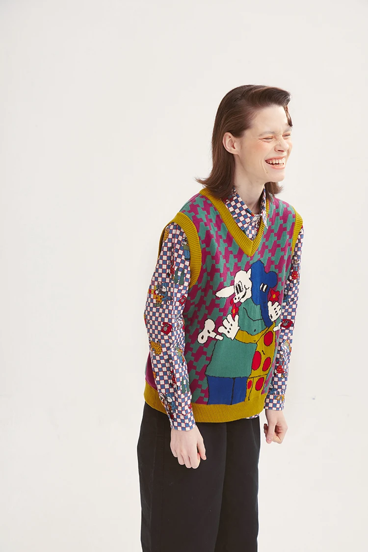 Осень и зима дизайн Harajuku игривый женский свободный свитер Vneck без рукавов Вязанный жилет пуловер Свитера хлопок