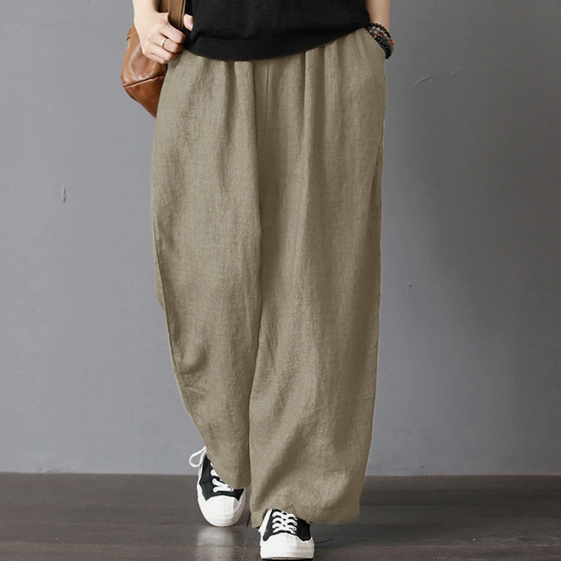 5XL мешковатые Pantalon, женские свободные длинные штаны, хлопковые льняные широкие штаны с карманами, женские повседневные Летние Осенние мешковатые штаны