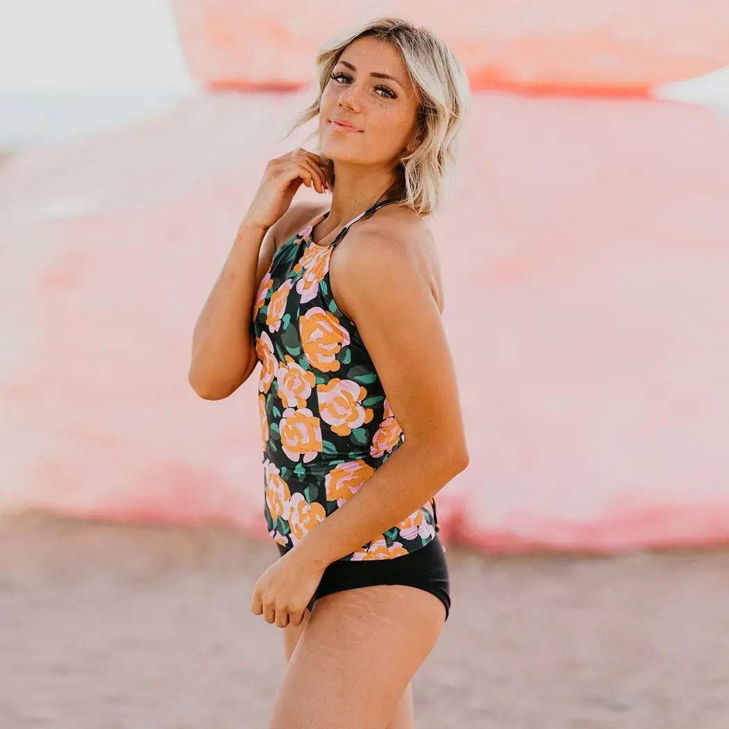 2 шт. женский модный цветочный принт с круглым вырезом в полоску высокой талией