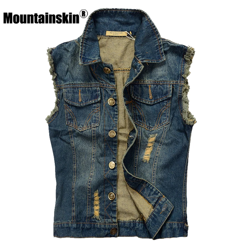 Мужской джинсовый жилет Mountainskin рваный ковбойский без рукавов джинсовая куртка