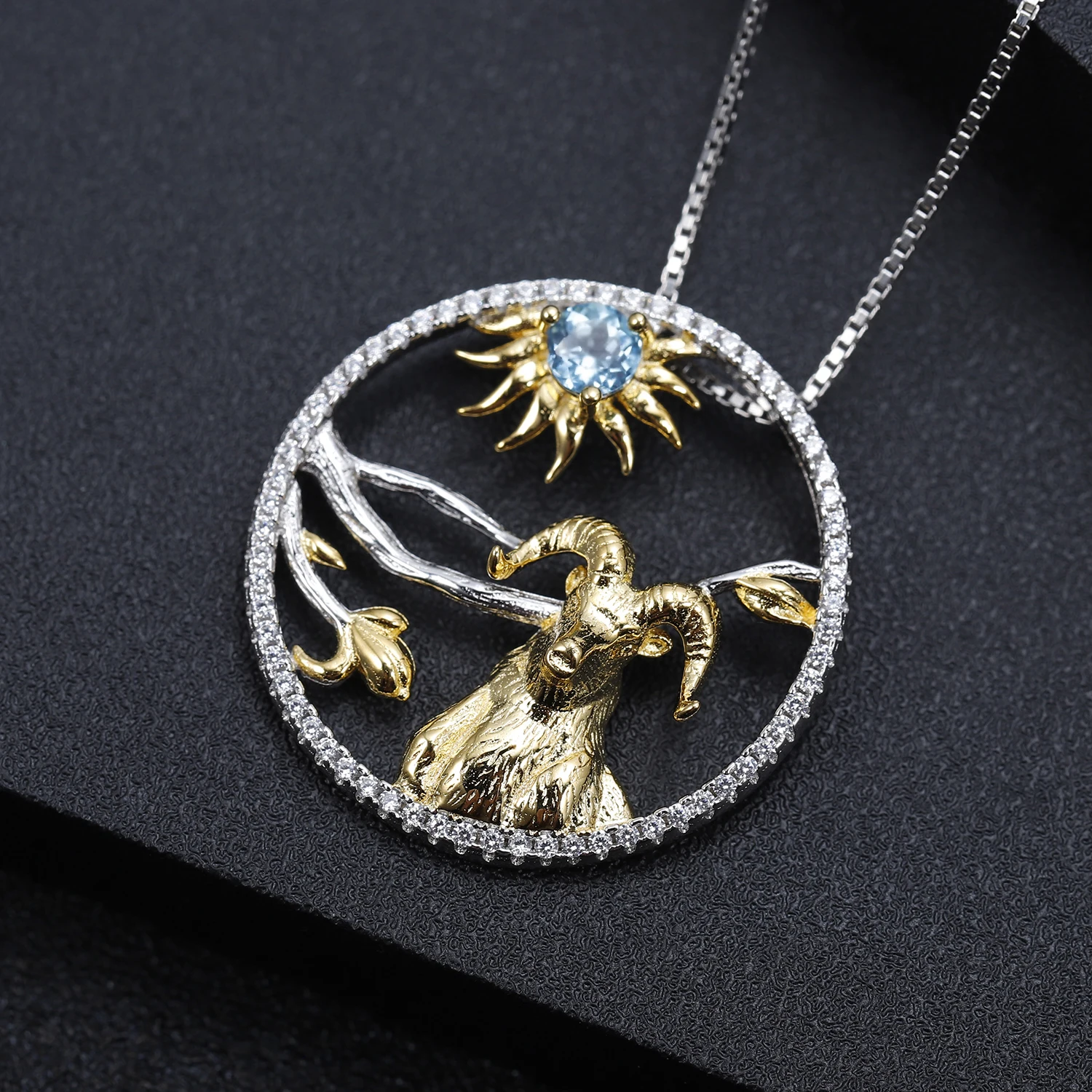 GEM'S балет 12 зодиака животных Ювелирные изделия натуральный Швейцарский Голубой Топаз 925 пробы серебро овца медальон в форме солнца ожерелье для женщин