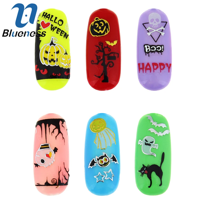 24 шт./лот стикеры 3D на ногти Nail Art Хэллоуин стиль Золотой Серебряный призрак тыква