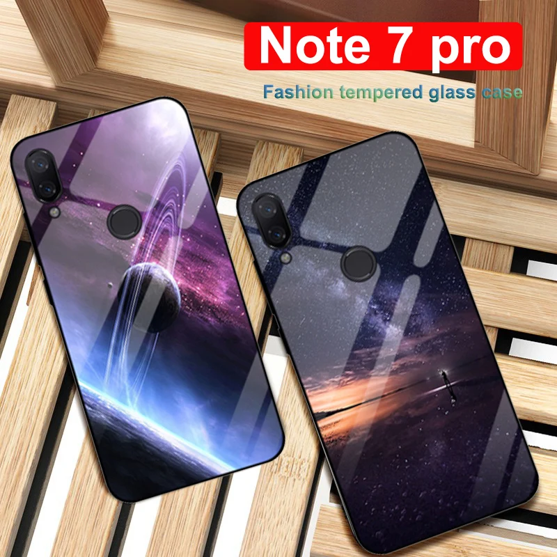 Чехол для xiaomi redmi Note 7 pro закаленное стекло с рисунком звездного неба + тонкий