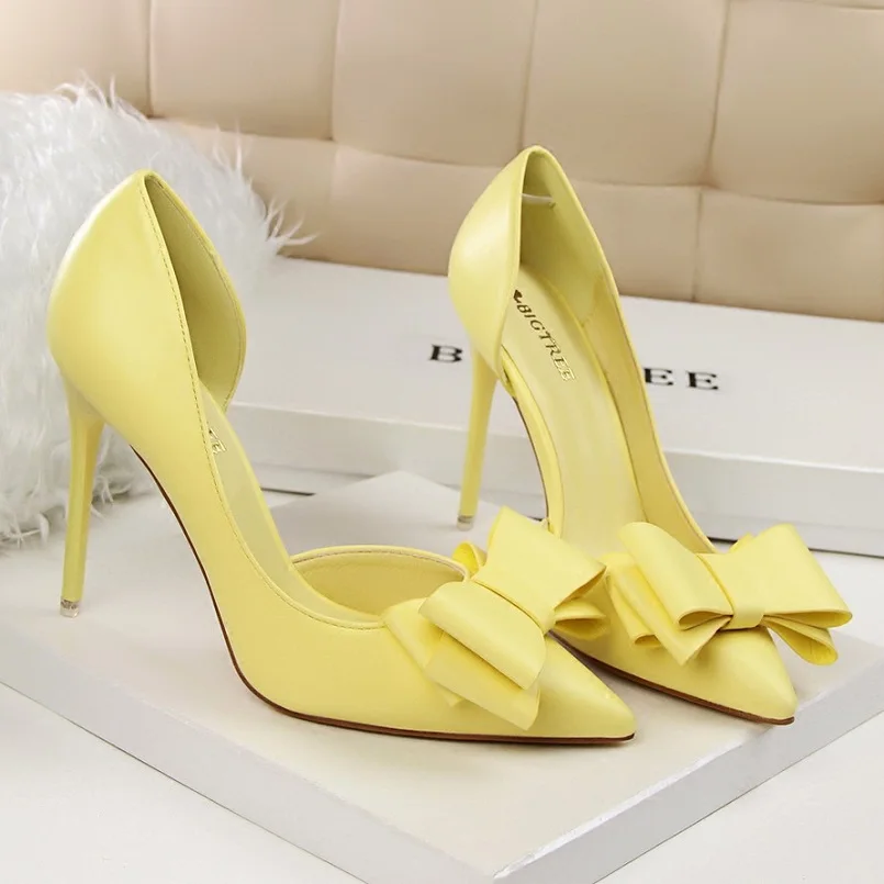 

Женские удобные туфли Tacones Altos, милые желтые туфли на высоком каблуке с острым носком и бантом, обувь из искусственной кожи для весны и лета, ...