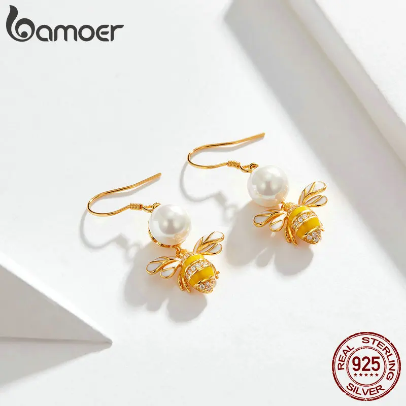 BAMOER, 925 пробы, серебряные, элегантные, пресноводные, жемчужные, золотой цвет, пчела, висячие серьги для женщин, подлинные серебряные ювелирные изделия BSE018