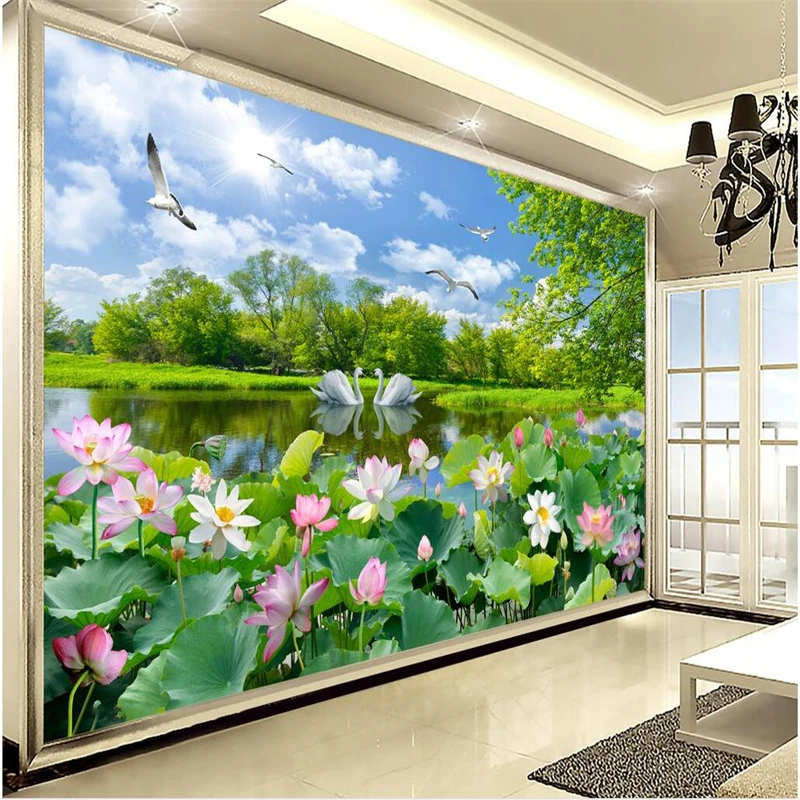 beibehang Custom wallpaper Murals Any size photo Beautiful scenery Swan Lake Lotus living room Landscape TV background wall |