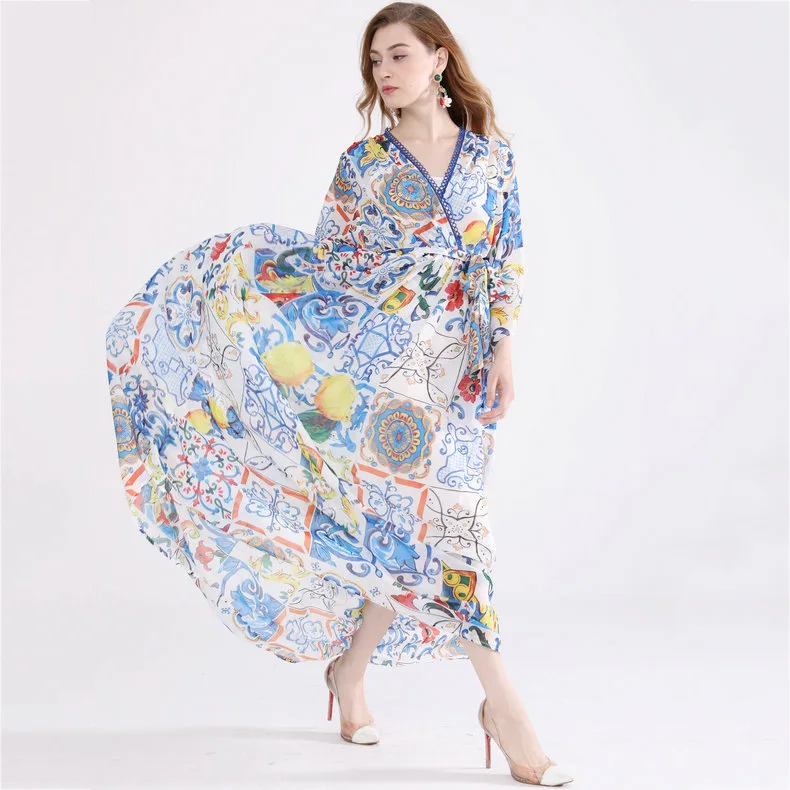 Женское кружевное платье с поясом на талии синее и белое элегантное фарфоровым