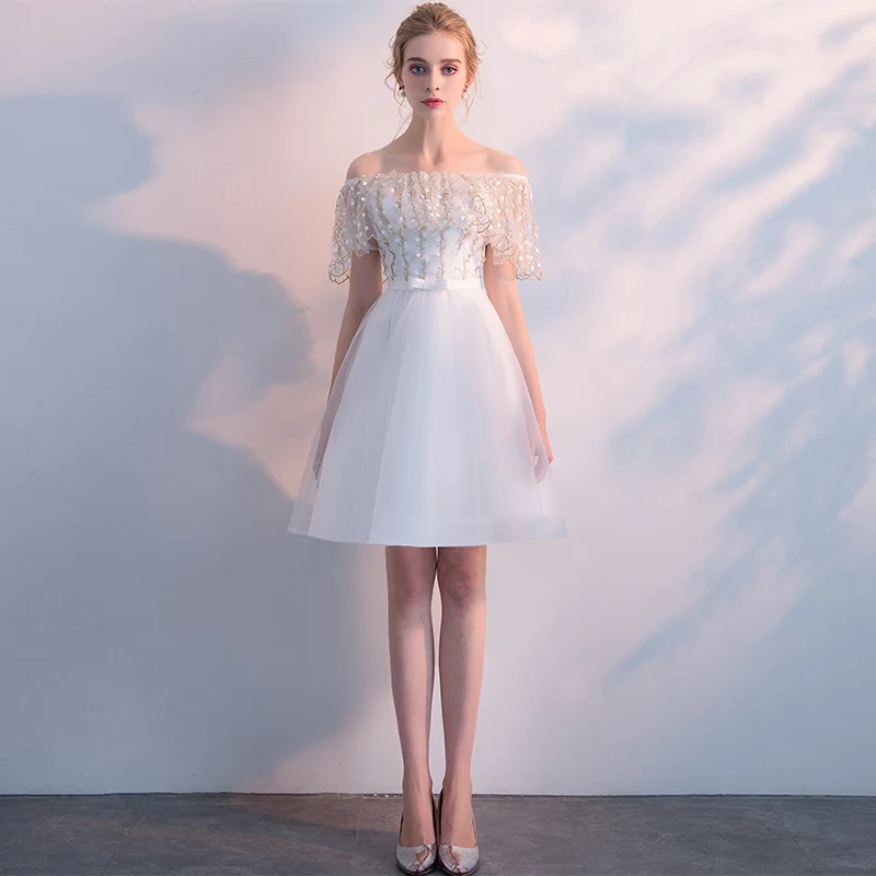 Robe de soiree новое белое кружевное платье с открытыми плечами вечернее платье короткое спереди длинное сзади платье для выпускного вечера - Цвет: White Short