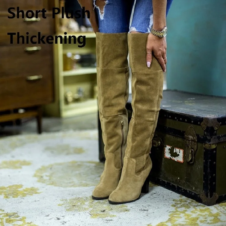 Olive Green Short Зимние короткие плюшевые женские полусапожки с круглым носком на квадратном каблуке модные повседневные однотонные сапоги до колена из натуральной кожи на молнии ZY170906 - Цвет: Olive Green Short