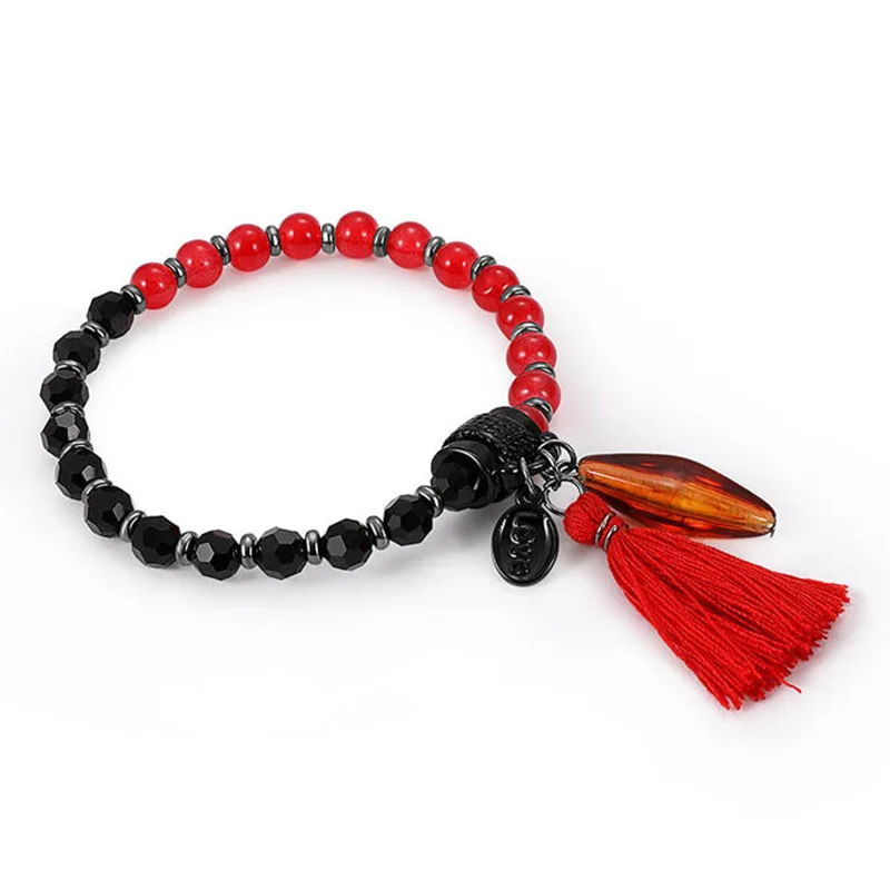 Мода красный черный натуральный камень стекло бисера кисточкой кулон браслет