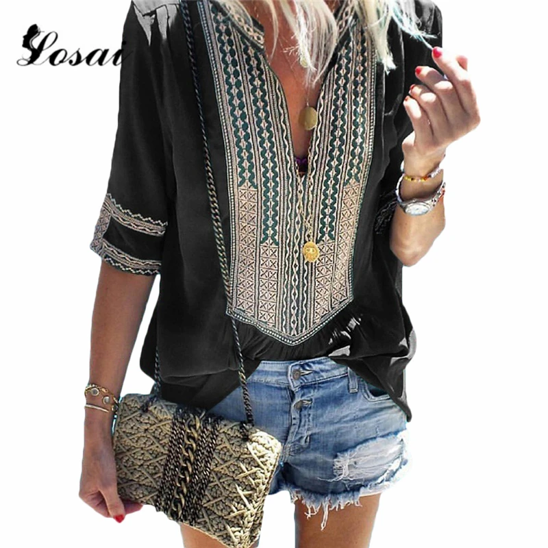 Женская пляжная туника Boho летняя с коротким рукавом и треугольным вырезом