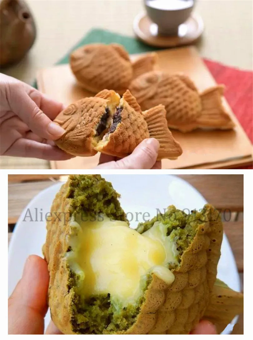 Антипригарная 2 формы рыба тайяки вафельница газовая рыба торт Taiyaki пекарь плита коммерческого использования деревянные ручки
