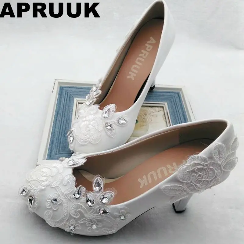

Plus size lace wedding shoes bride crystal rhinestones low high heels handmade female bridal shoes lady party lace shoes