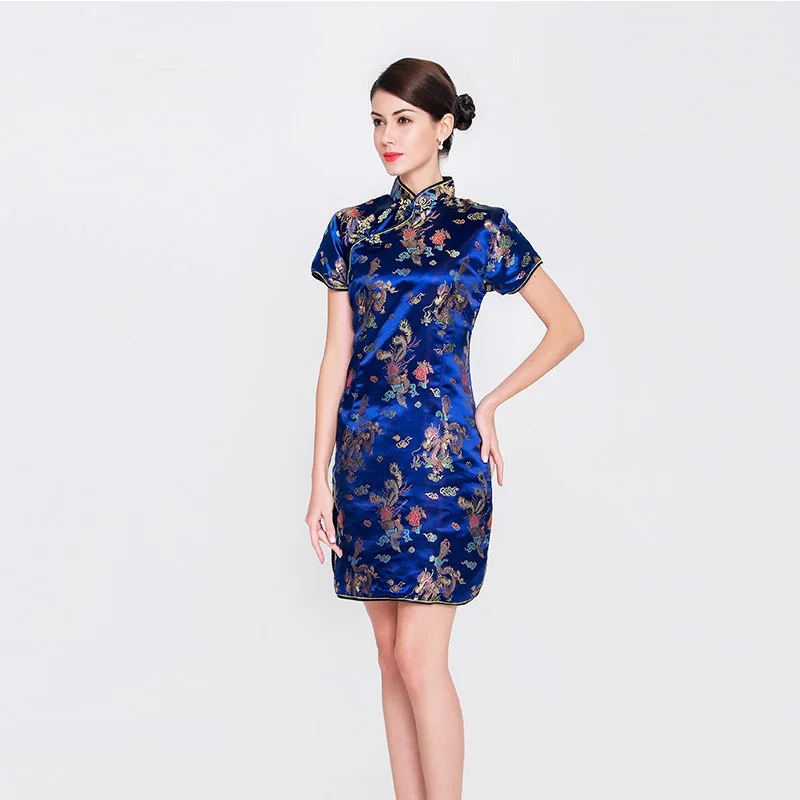 Модное китайское женское атласное мини платье Cheongsam Qipao с цветочным принтом