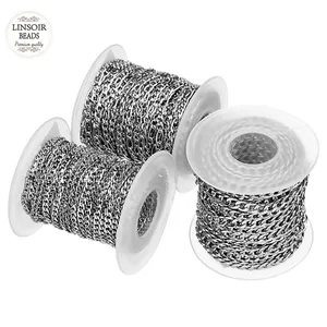 10 метрических ярдоврулон 3 мм 4 мм 5 мм Ширина Серебряный тон Нержавеющаясталь цепочка оптом Для мужчин Фигаро цепи для ожерелья Браслеты ювелирных изделий