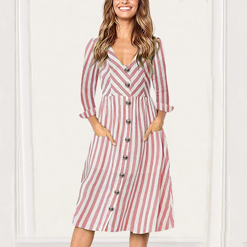 2018 Новое Женское платье с длинными рукавами и v-образным вырезом на пуговицах