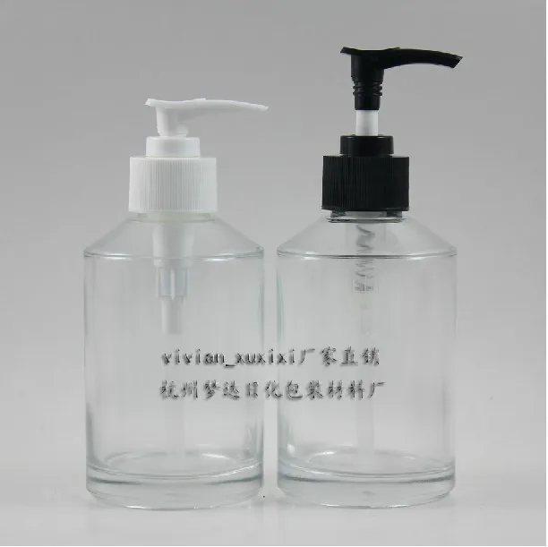 30pcs empty 200 ml round clear glass lotion packaging with white or black pump, 200ml glass cosmetic bottle for liquid cream