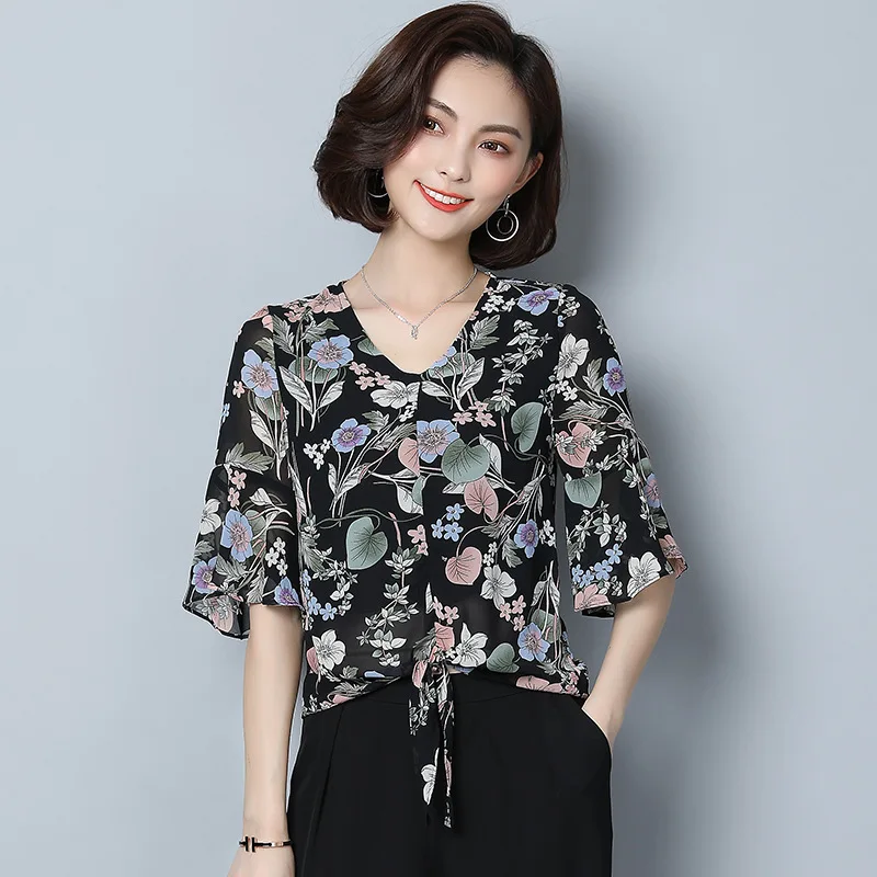 Summer Fashion Floral Loose Leisure Bohemian Wind Print Women Chiffon Shirts Blouses |