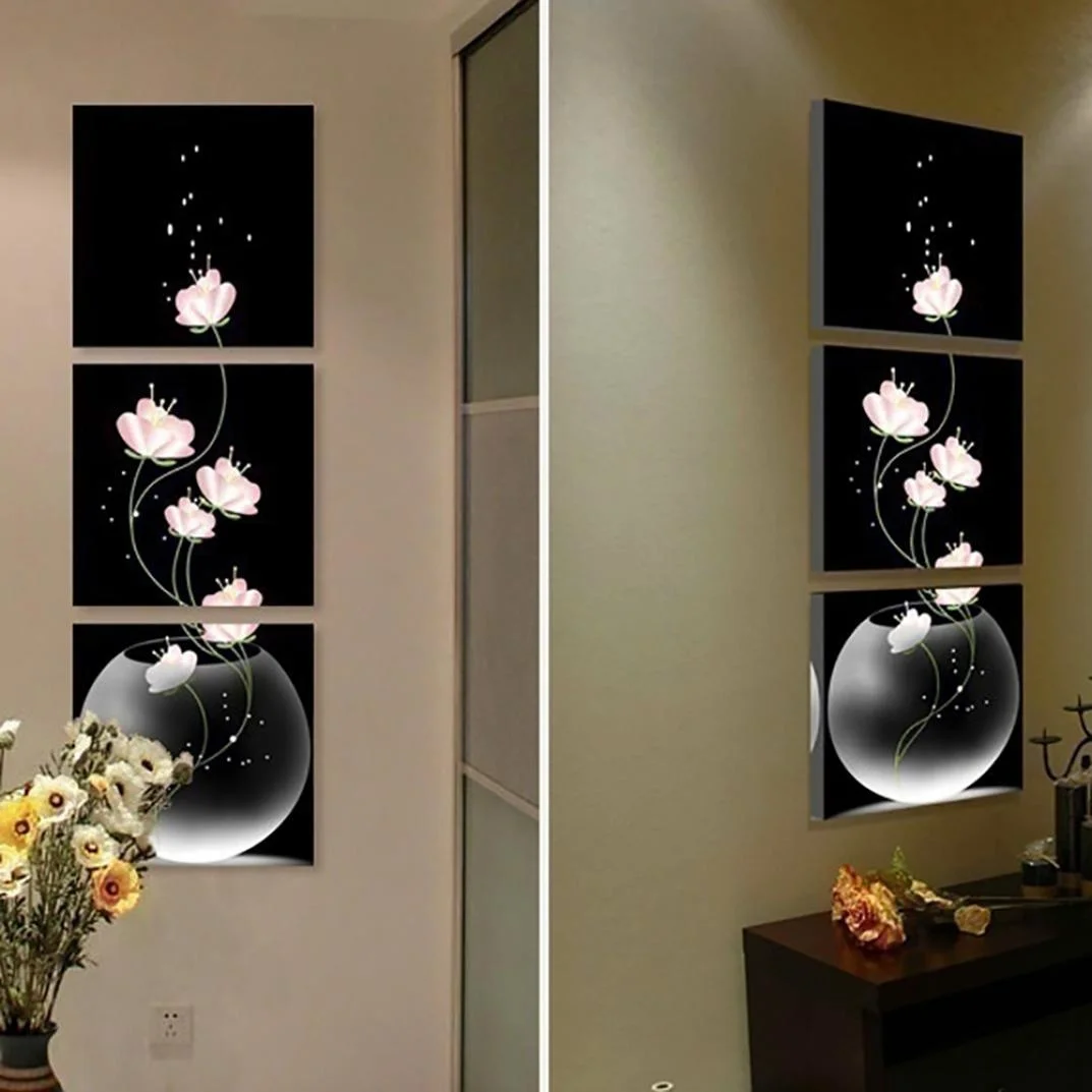 Креативный дизайн 3 панели без рамки ваза с цветком Холст Картина картина стены