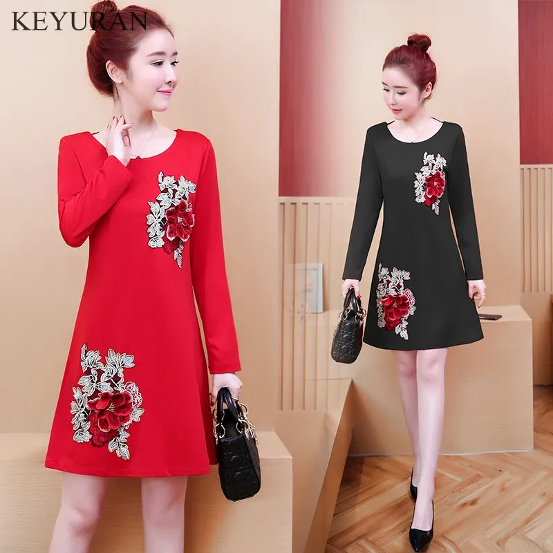 Women 3D Flower Embroidery Black Red Dress Spring Autumn Plus Size 5XL Long Sleeve Vintage Dresses For Ladies Vestidos De Festa | Женская