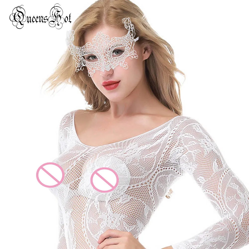 White Sexy Fishnet Sheer Crotchless Swirly Lace Teddy Floral Long Sleeved Bodystocking Lingerie Intimates Babydoll Bodysuit Catsuit - Цвет: White