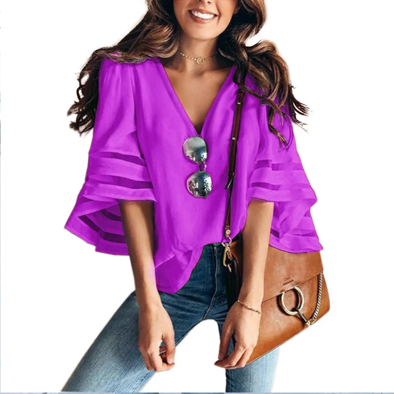 Purple Женская шифоновая блузка с расклешенными рукавами, лето-весна 3/4, свободные топы с v-образным вырезом, сетчатая прошитая туника, рубашка размера плюс - Цвет: Purple