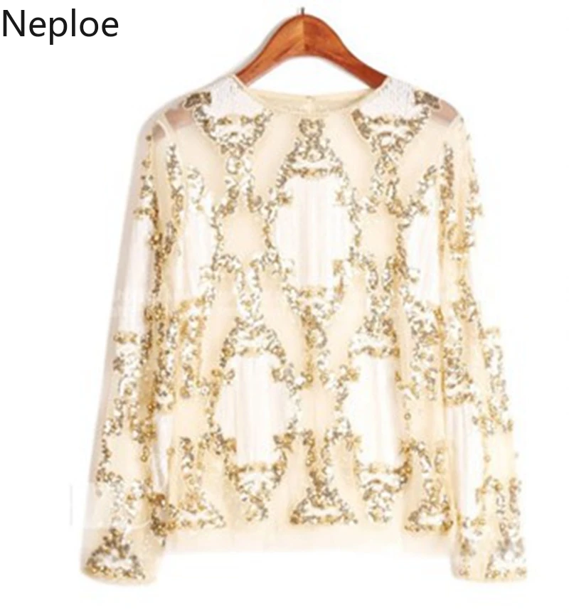 Neploe, корейские блузки для женщин, элегантный женский топ с бисером, расшитый блестками, сетчатая Прозрачная Сексуальная рубашка с длинным рукавом, Blusas 39100