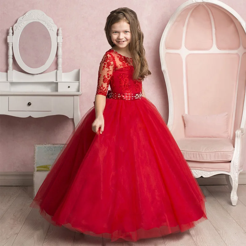 Adorable Red Flower Girl Dresses With Sash Crystals Beaded Collar Graduation Gown Kids Half Sleeves Prom Dress Girls Custom Made | Свадьбы и