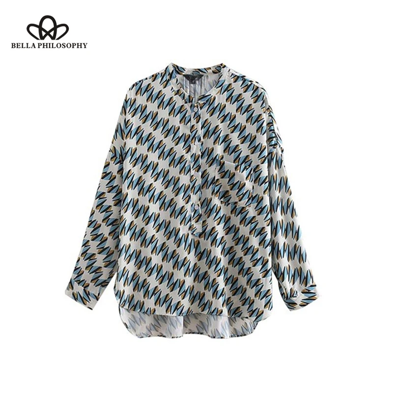 Bella Philosphy women vintage geometric pattern blouse pocket long sleeve pleated shirts ladies fashion chic tops blusas LLA172 | Женская