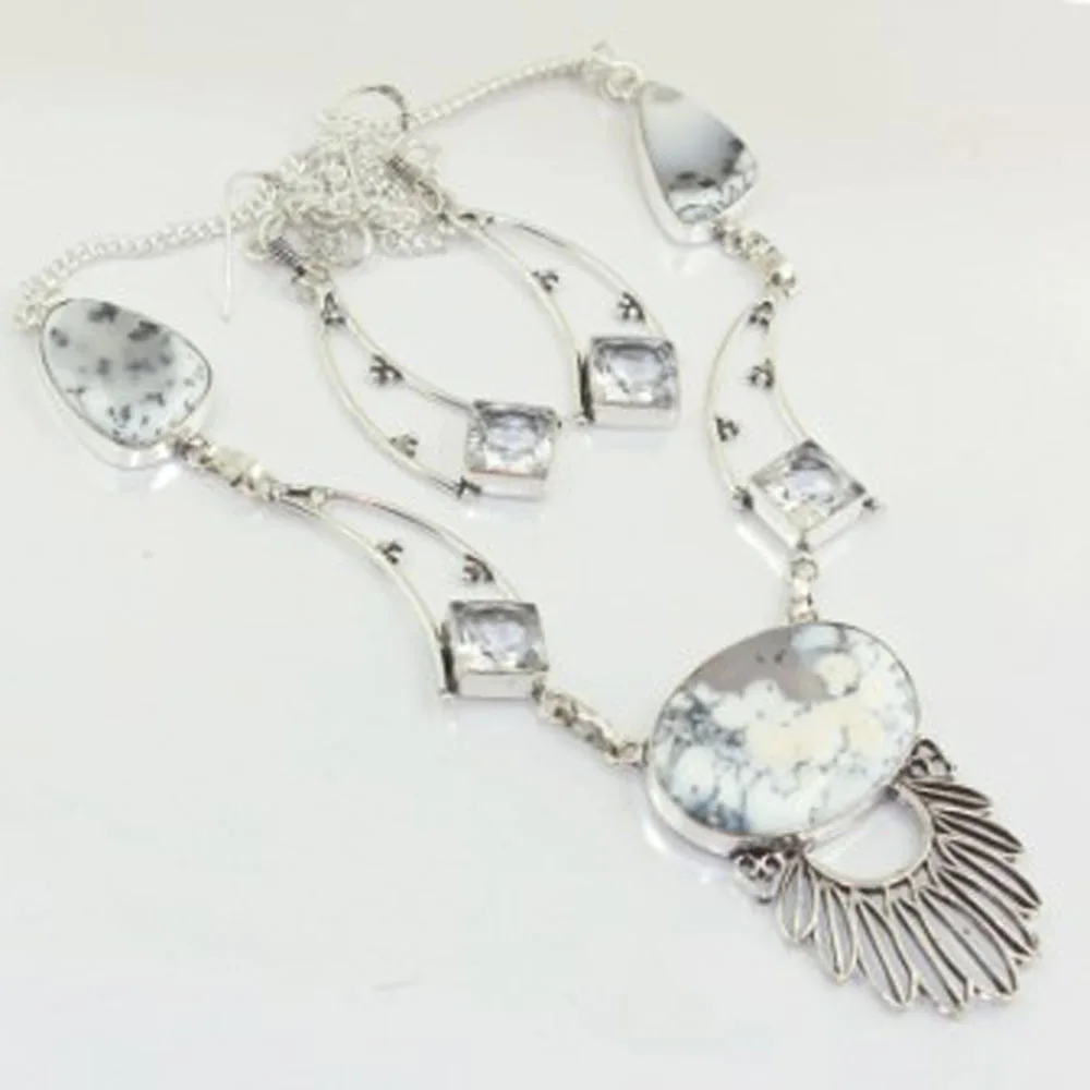 

Dendrite Opal & White Topas Necklace Earing Silver Overlay over Copper, 53cm , N3135