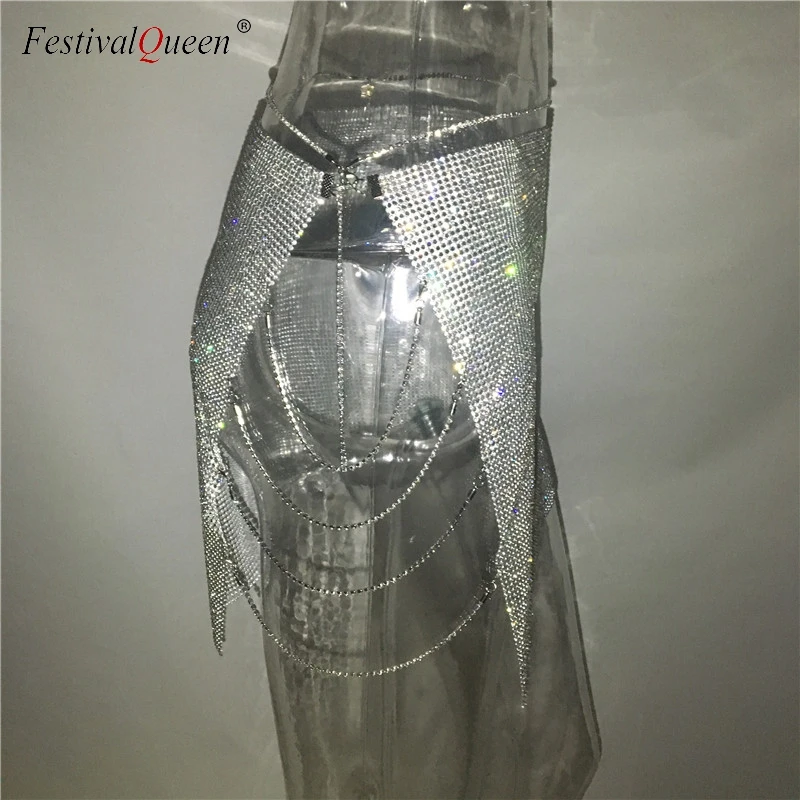 FestivalQueen Роскошные хрустальные стразы летняя юбка пляжные повседневные разрезы металлическую цепь с кисточкой нижние вечерние мини-юбки